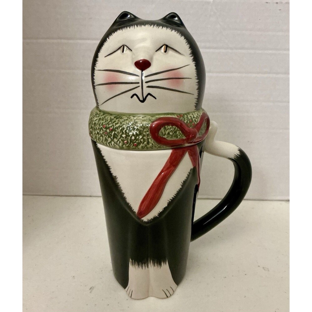Vintage Oneida Christmas Cats Fiddlestix Lidded Latte Mug 16 Oz Figural
